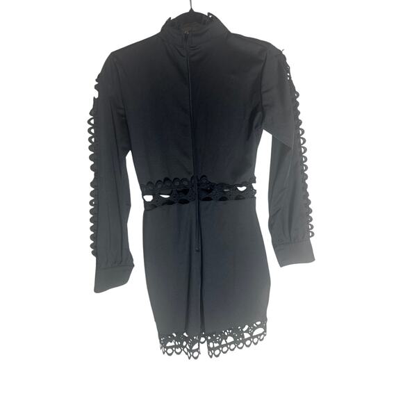 Women's L Black High-Neck Lace Trim Button-Up Romper Long Sleeve Elegant Chic - Picture 7 of 12